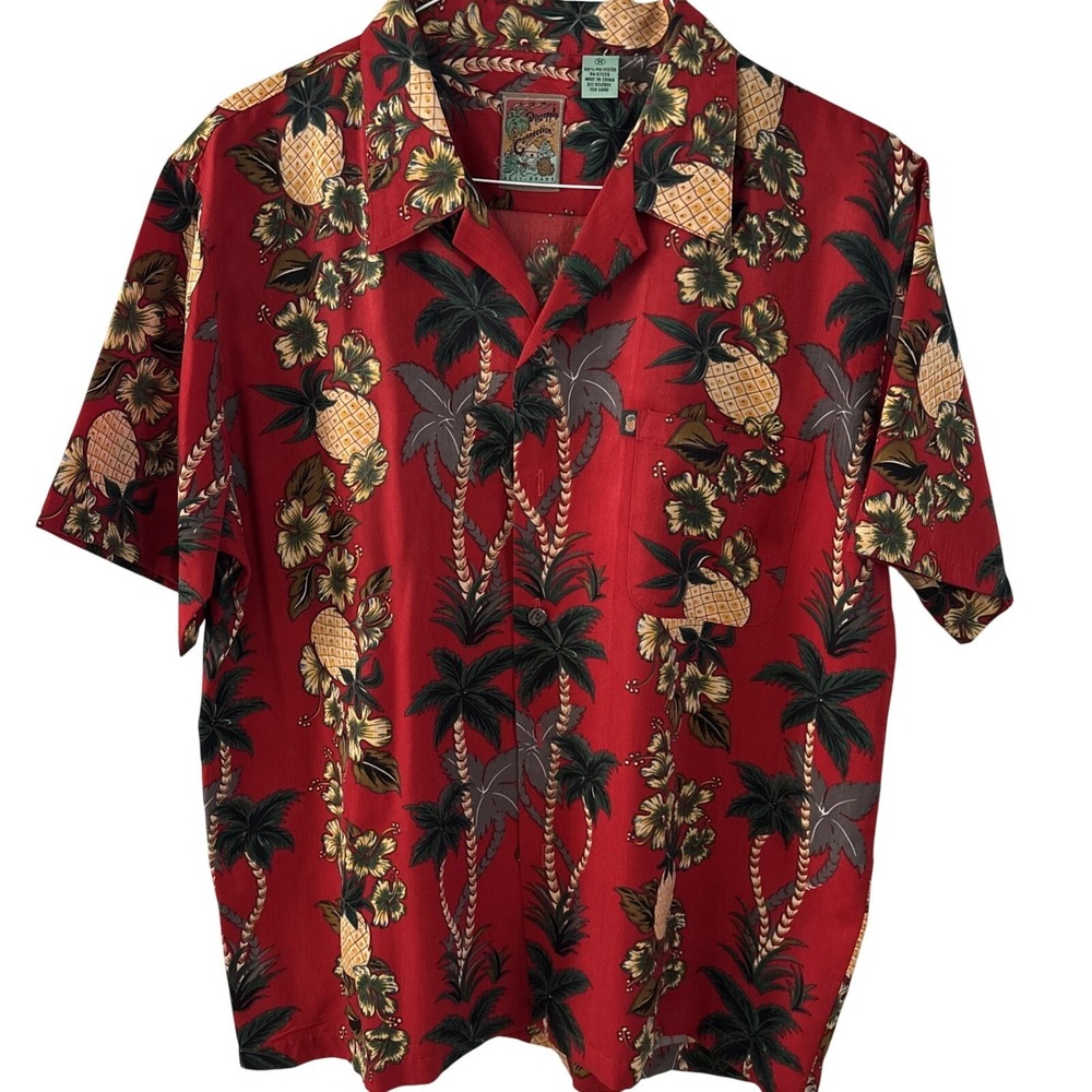 Pineapple Connection Mens Hawaiian Shirt Medium Red Rayon Surfer Hibiscus Print